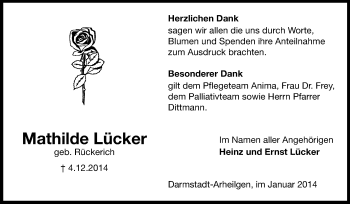 Traueranzeige von Mathilde Lücker von Echo-Zeitungen (Gesamtausgabe)