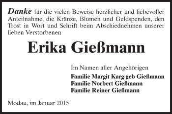 Traueranzeige von Erika Gießmann von Echo-Zeitungen (Gesamtausgabe)