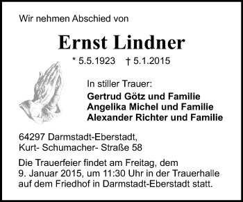 Traueranzeige von Ernst Lindner von Echo-Zeitungen (Gesamtausgabe)