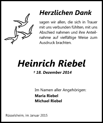 Traueranzeige von Heinrich Riebel von Rüsselsheimer Echo, Groß-Gerauer-Echo, Ried Echo