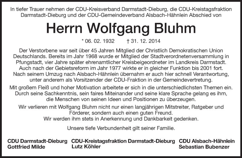  Traueranzeige für Wolfgang Bluhm vom 07.01.2015 aus Echo-Zeitungen (Gesamtausgabe)