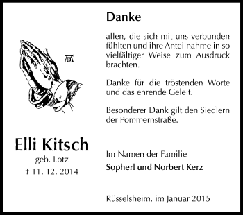 Traueranzeige von Elli Kitsch von Rüsselsheimer Echo, Groß-Gerauer-Echo, Ried Echo