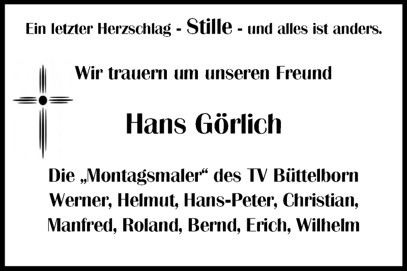  Traueranzeige für Hans Görlich vom 07.01.2015 aus Rüsselsheimer Echo, Groß-Gerauer-Echo, Ried Echo
