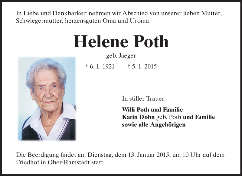  Traueranzeige für Helene Poth vom 10.01.2015 aus Echo-Zeitungen (Gesamtausgabe)