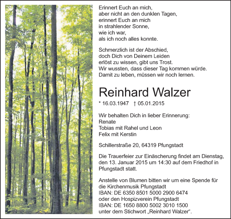  Traueranzeige für Reinhard Walzer vom 10.01.2015 aus Echo-Zeitungen (Gesamtausgabe)