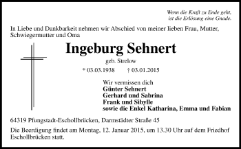 Traueranzeige von Ingeburg Sehnert von Echo-Zeitungen (Gesamtausgabe)