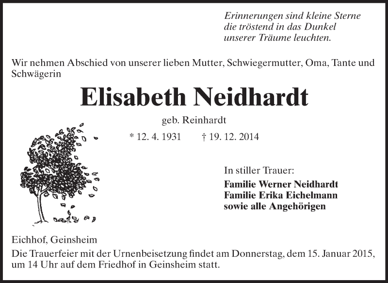  Traueranzeige für Elisabeth Neidhardt vom 12.01.2015 aus Rüsselsheimer Echo, Groß-Gerauer-Echo, Ried Echo