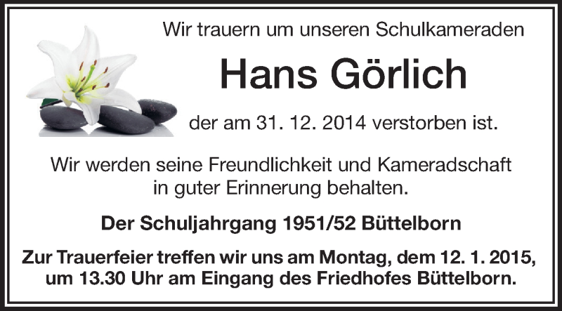  Traueranzeige für Hans Görlich vom 08.01.2015 aus Rüsselsheimer Echo, Groß-Gerauer-Echo, Ried Echo
