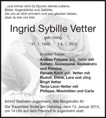Traueranzeige von Ingrid Sybille Vetter von Echo-Zeitungen (Gesamtausgabe)