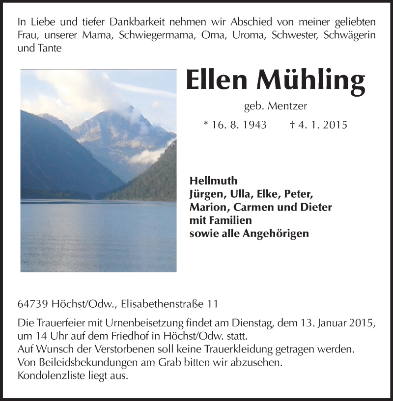  Traueranzeige für Ellen Mühling vom 09.01.2015 aus Odenwälder Echo