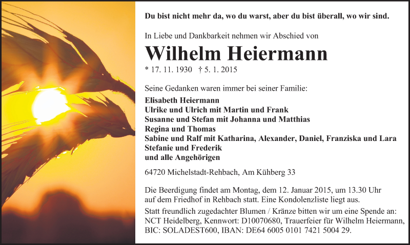  Traueranzeige für Wilhelm Heiermann vom 09.01.2015 aus Odenwälder Echo