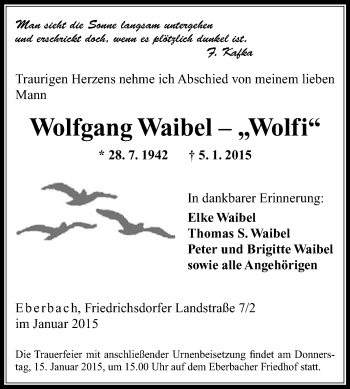Traueranzeige von Wolfgang Waibel von Odenwälder Echo