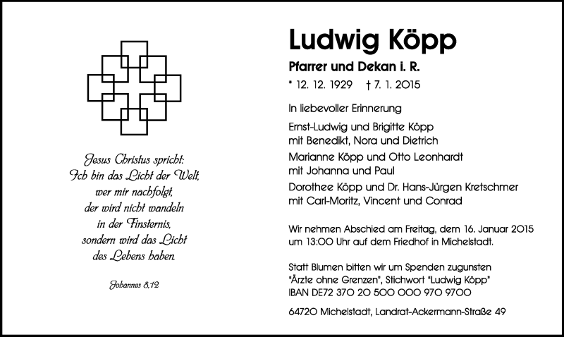  Traueranzeige für Ludwig Köpp vom 10.01.2015 aus Odenwälder Echo