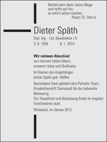 Traueranzeige von Dieter Späth von Darmstädter Echo, Odenwälder Echo, Rüsselsheimer Echo, Groß-Gerauer-Echo, Ried Echo