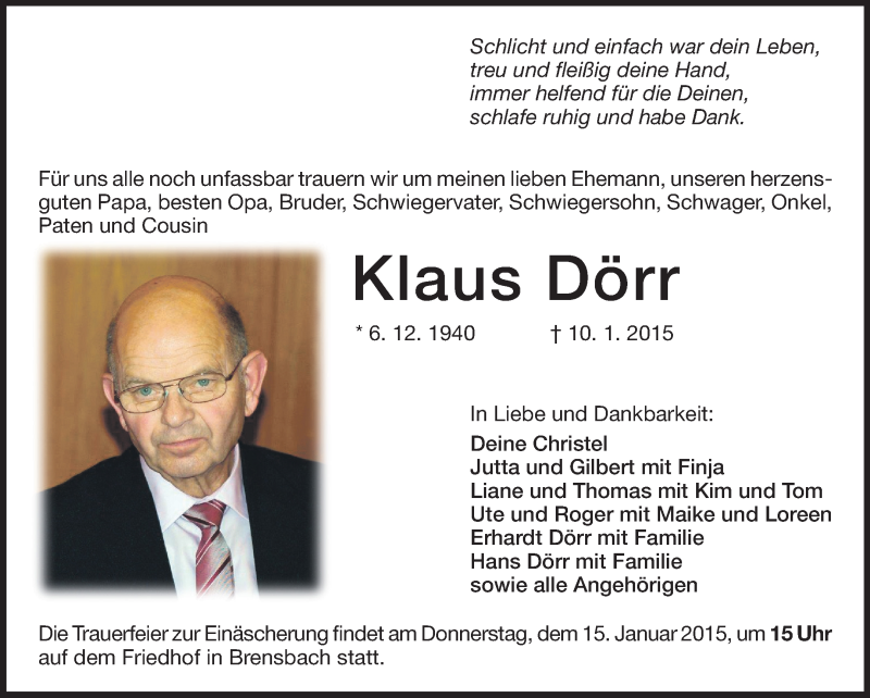  Traueranzeige für Klaus Dörr vom 13.01.2015 aus Odenwälder Echo