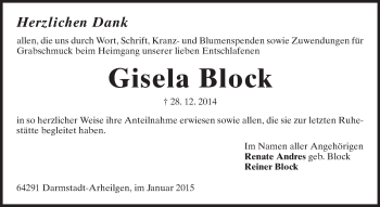 Traueranzeige von Gisela Block von Echo-Zeitungen (Gesamtausgabe)