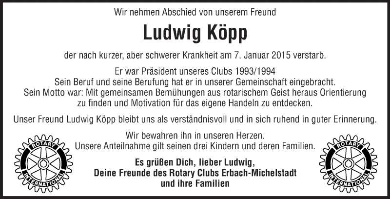  Traueranzeige für Ludwig Köpp vom 13.01.2015 aus Odenwälder Echo