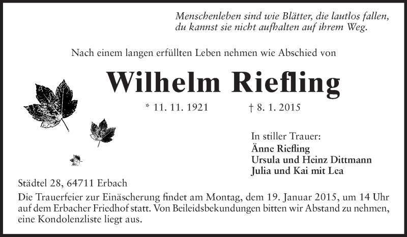  Traueranzeige für Wilhelm Riefling vom 17.01.2015 aus Odenwälder Echo