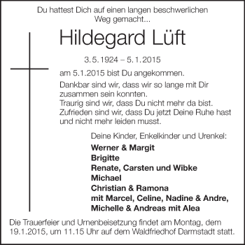 Traueranzeige von Hildegard Lüft von Echo-Zeitungen (Gesamtausgabe)