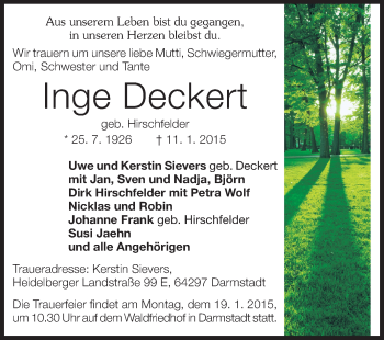 Traueranzeige von Inge Deckert von Echo-Zeitungen (Gesamtausgabe)