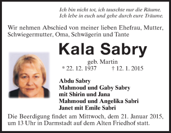 Traueranzeige von Kala Sabry von Echo-Zeitungen (Gesamtausgabe)