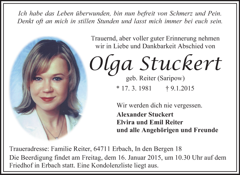  Traueranzeige für Olga Stuckert vom 14.01.2015 aus Odenwälder Echo