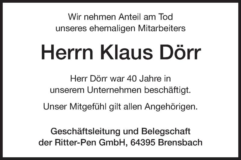  Traueranzeige für Klaus Dörr vom 14.01.2015 aus Echo-Zeitungen (Gesamtausgabe)