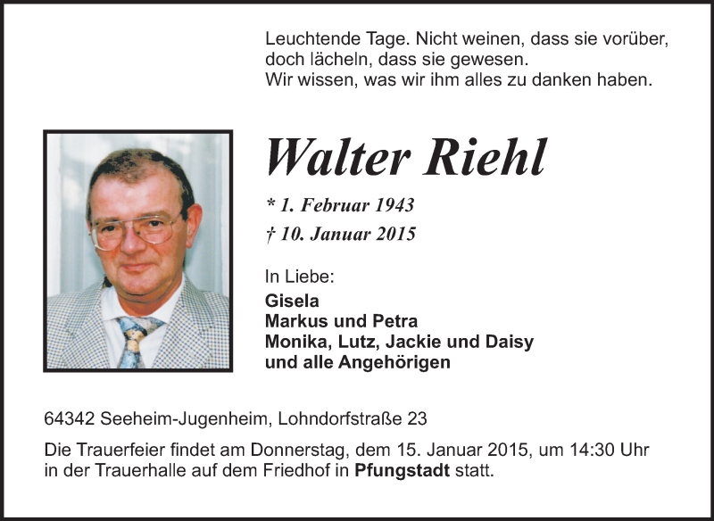  Traueranzeige für Walter Riehl vom 14.01.2015 aus Echo-Zeitungen (Gesamtausgabe)
