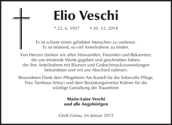 Traueranzeige von Elio Veschi von Rüsselsheimer Echo, Groß-Gerauer-Echo, Ried Echo