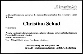 Traueranzeige von Christian Schad von Echo-Zeitungen (Gesamtausgabe)