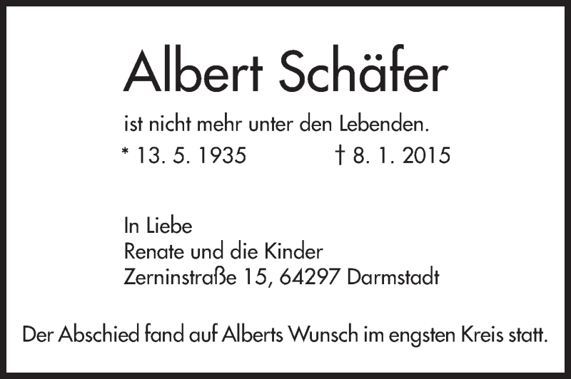  Traueranzeige für Albert Schäfer vom 17.01.2015 aus Echo-Zeitungen (Gesamtausgabe)