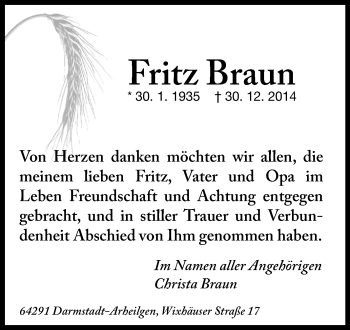 Traueranzeige von Fritz Braun von Echo-Zeitungen (Gesamtausgabe)