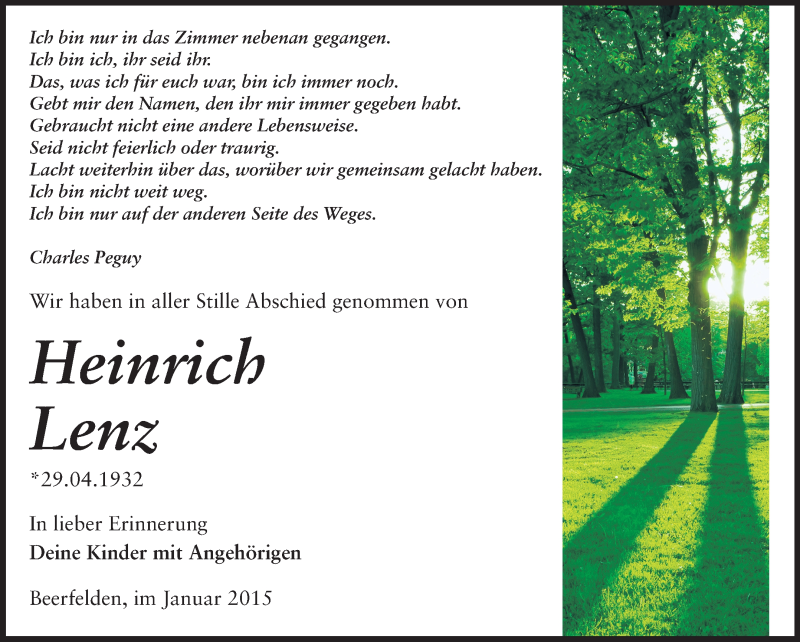  Traueranzeige für Heinrich Lenz vom 16.01.2015 aus Odenwälder Echo