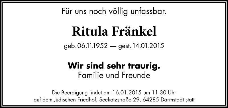  Traueranzeige für Ritula Fränkel vom 16.01.2015 aus Echo-Zeitungen (Gesamtausgabe)