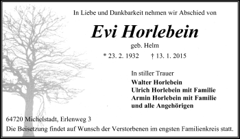 Traueranzeige von Evi  Horlebein von Odenwälder Echo