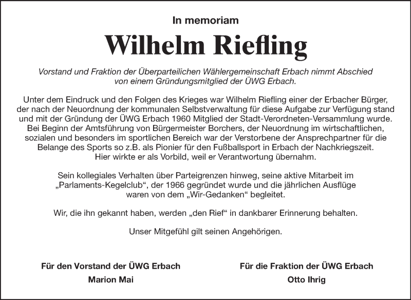  Traueranzeige für Wilhelm Riefling vom 19.01.2015 aus Odenwälder Echo