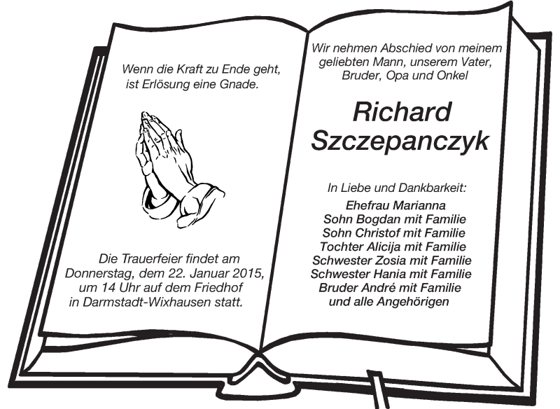  Traueranzeige für Richard Szczepanczyk vom 17.01.2015 aus Echo-Zeitungen (Gesamtausgabe)