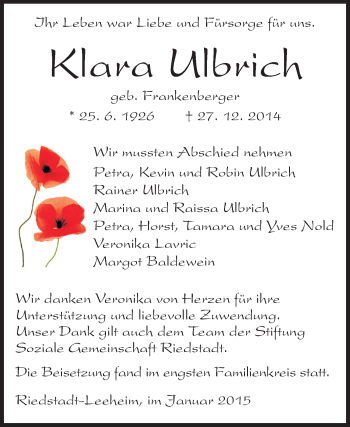 Traueranzeige von Klara Ulbrich von Rüsselsheimer Echo, Groß-Gerauer-Echo, Ried Echo
