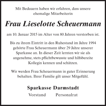 Traueranzeige von Lieselotte Scheuermann von Echo-Zeitungen (Gesamtausgabe)