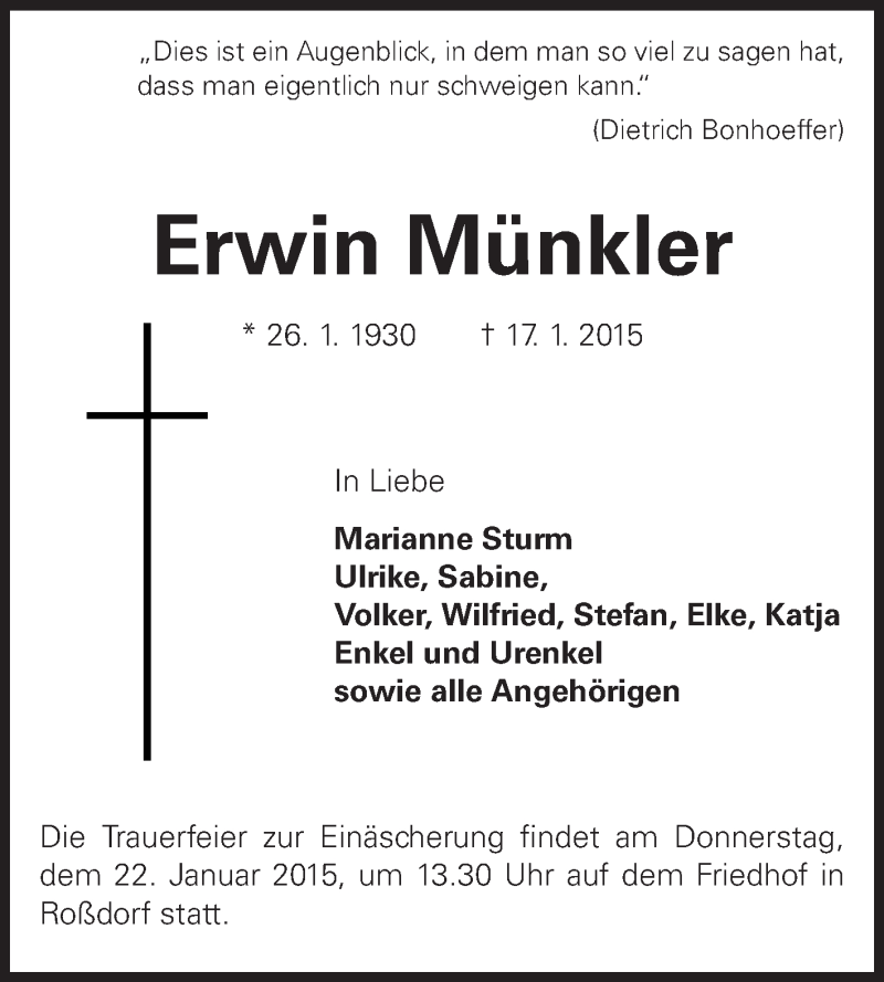  Traueranzeige für Erwin Münkler vom 20.01.2015 aus Echo-Zeitungen (Gesamtausgabe)