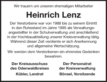 Traueranzeige von Heinrich Lenz von Odenwälder Echo