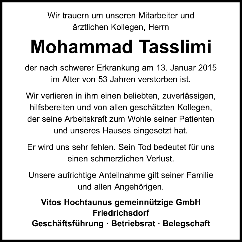  Traueranzeige für Mohammad Tasslimi vom 21.01.2015 aus Echo-Zeitungen (Gesamtausgabe)