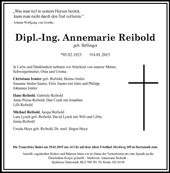 Traueranzeige von Annemarie Reibold von Echo-Zeitungen (Gesamtausgabe)