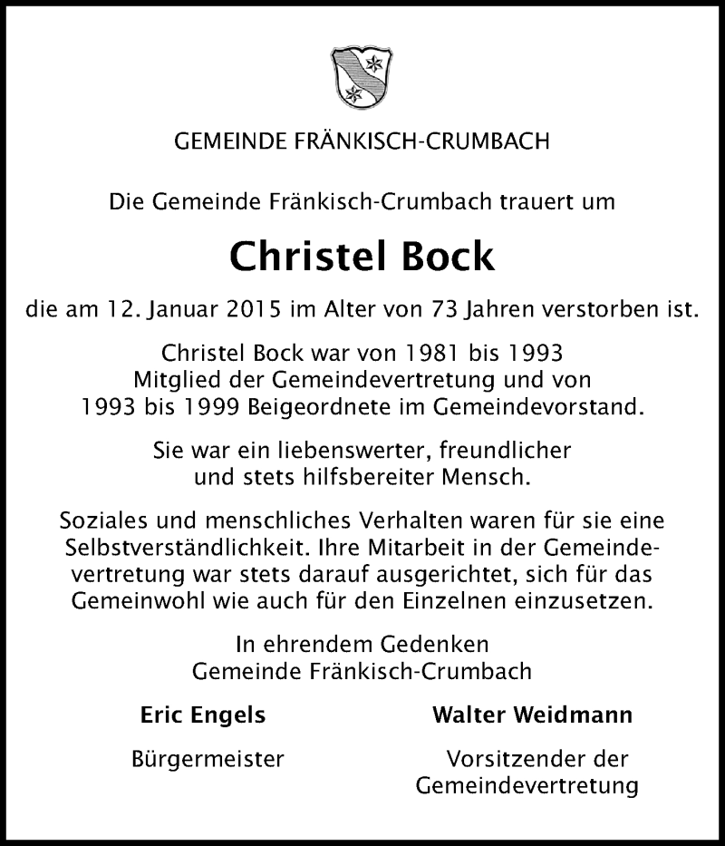  Traueranzeige für Christel Bock vom 21.01.2015 aus Odenwälder Echo