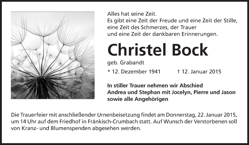  Traueranzeige für Christel Bock vom 21.01.2015 aus Odenwälder Echo