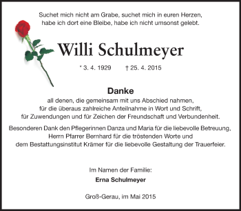 Traueranzeige von Willi Schulmeyer von Rüsselsheimer Echo, Groß-Gerauer-Echo, Ried Echo