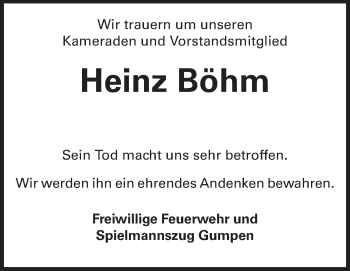 Traueranzeige von Heinz Böhm von Odenwälder Echo