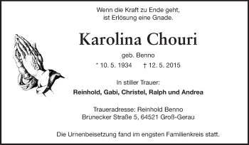 Traueranzeige von Karolina Chouri von Rüsselsheimer Echo, Groß-Gerauer-Echo, Ried Echo