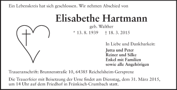 Traueranzeige von Elisabeth Hartmann von Odenwälder Echo