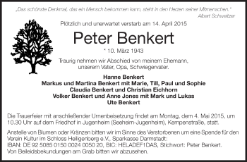 Traueranzeige von Peter Benkert von Echo-Zeitungen (Gesamtausgabe)